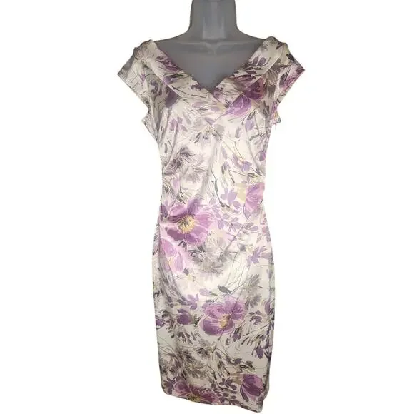Maggy London Floral Dress Sheen Purple White Ruched Waist Sz 6 - Picture 7 of 9